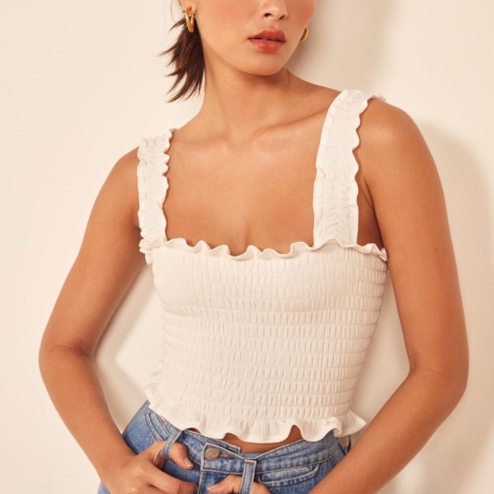 Reformation White Smocked Leonore Crop Top in size small